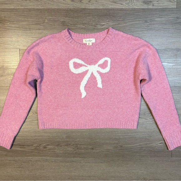 Jessica Simpson Pink Crew Neck Crop Sweater with White Bow - Picture 1 of 4